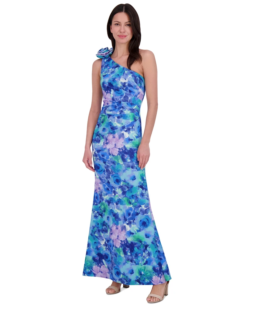 Eliza J Women's Printed Rosette Asymmetric One-Shoulder Gown