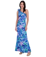 Eliza J Women's Printed Rosette Asymmetric One-Shoulder Gown