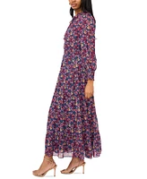 Msk Women's Tie-Neck Smocked-Trim Tiered Maxi Dress