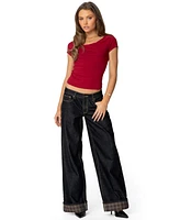 Edikted Women's Plaid Cuffed Low Rise Jeans