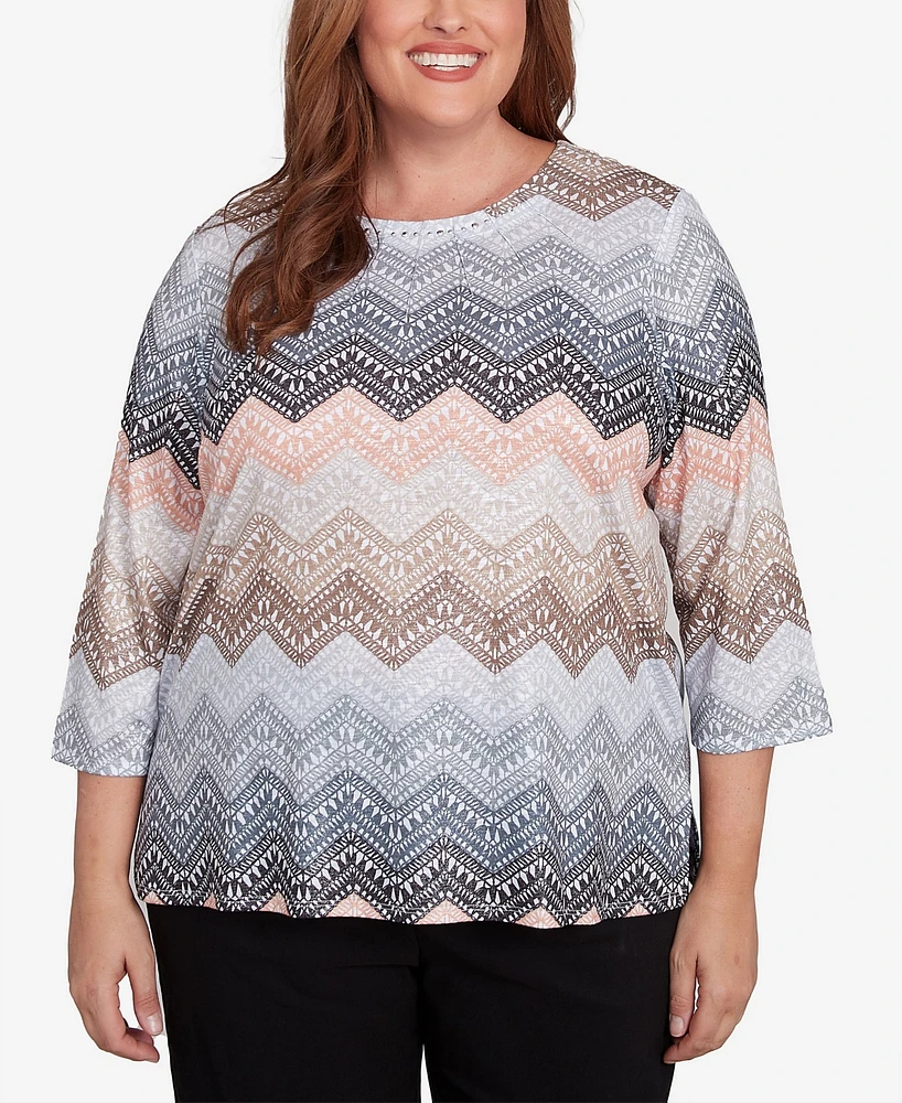 Alfred Dunner Plus Classic Lacey Ombre Chevron Crew Neck Top