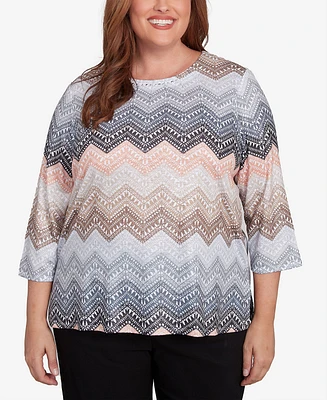 Alfred Dunner Plus Classic Lacey Ombre Chevron Crew Neck Top