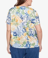 Alfred Dunner Plus Lemon Tile Knotted Crew Neck Top
