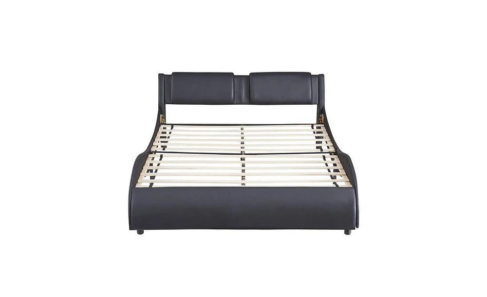 Slickblue Upholstered Faux Leather Platform Bed with Led Light Bed Frame with Slatted