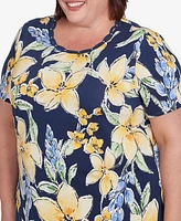 Alfred Dunner Plus Navy Floral Braided Crew Neck Top