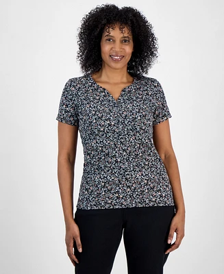 Style & Co Women's Printed Short-Sleeve Henley T-Shirt, Exclusively at Macy's