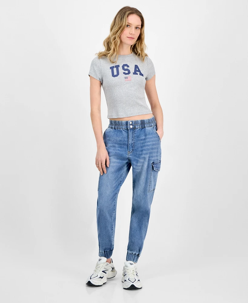 Madden Girl Juniors' Mid Rise Two Button Fly Cargo Jogger Jeans