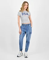 Madden Girl Juniors' Mid Rise Two Button Fly Cargo Jogger Jeans