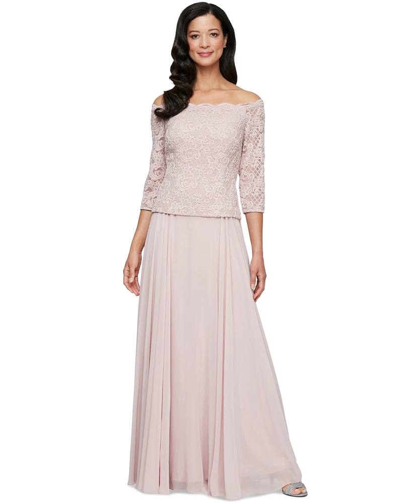 Alex Evenings Petite Lace Top Off-The-Shoulder Gown