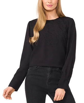 CeCe Women's Round-Neck Long-Sleeve Floral-Eyelet Top