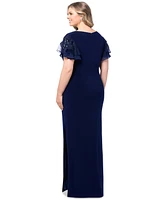 Betsy & Adam Plus Flutter-Sleeve Surplice-Neck Gown