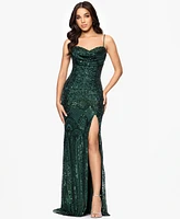 Blondie Nites Juniors' Sequin Draped-Neck Side-Slit Gown