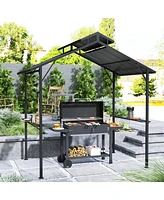 Outsunny 8 x 5ft Hardtop Grill Gazebo with 2 Side Shelves and 10 Hooks