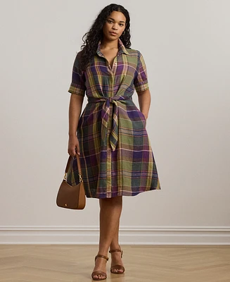 Lauren Ralph Plus 100% Linen Plaid Tie-Front Shirtdress