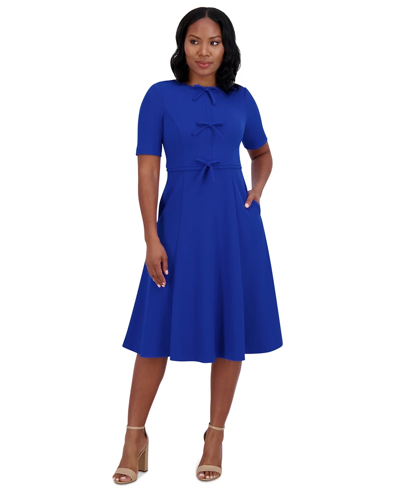 Jessica Howard Petite Bow-Trim Fit & Flare Dress