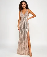 pear culture Juniors' Geometric-Sequin Side-Slit Gown