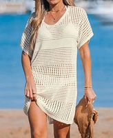 Cupshe Women's Beige Crochet Short Sleeve Cover-Up Mini Beach Dress