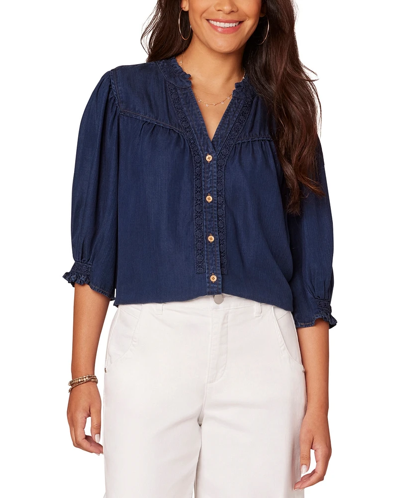 Democracy Women's Crochet Trim Button-Front Ruffle Shirt