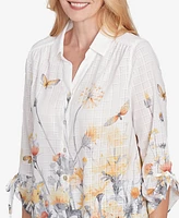 Alfred Dunner Petite Dress Code Button Down Butterfly Floral Top with Necklace