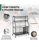 Garage Sports Equipment Organizer with Hooks & Baskets for Basketball
