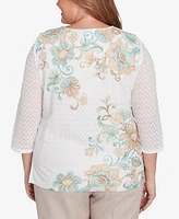 Alfred Dunner Plus Kensington Gardens Textured Knit Scroll Split Neck Top