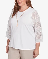 Alfred Dunner Plus Kensington Gardens Solid Lace Sleeve Knit Top with Necklace