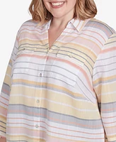 Alfred Dunner Plus Dress Code Button Down Striped Cuffed Sleeve Top