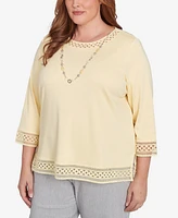 Alfred Dunner Plus Dress Code Solid Lace Trim Top with Necklace