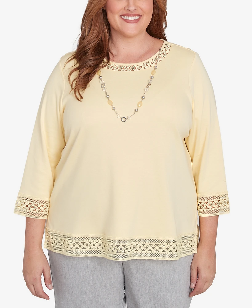 Alfred Dunner Plus Dress Code Solid Lace Trim Top with Necklace