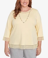 Alfred Dunner Plus Dress Code Solid Lace Trim Top with Necklace