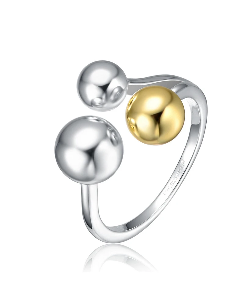 Sterling Silver Two-Tone White Gold Plated & 14K Gold Plated Modern Three-Ball Ring