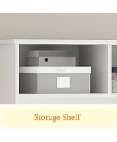 Famapy 63 in. W White Wood 3-in-1 Hall Tree Coat Rack Shoe Storage Bench with 6-Metal Double Hooks, Shoe Rack and Shelves