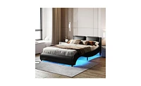 Upholstered Platform Bed with Led Light and Slatted Frame for Stylish Functional Bedroom