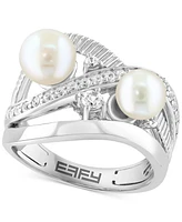 Effy Cultured Freshwater Pearl (6 & 7mm) & Zircon (5/8 ct. t.w.) Crossover Statement Ring in Sterling Silver