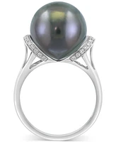 Effy Cultured Black Tahitian Pearl (13mm) & Diamond (1/8 ct. t.w.) Ring in 14k White Gold