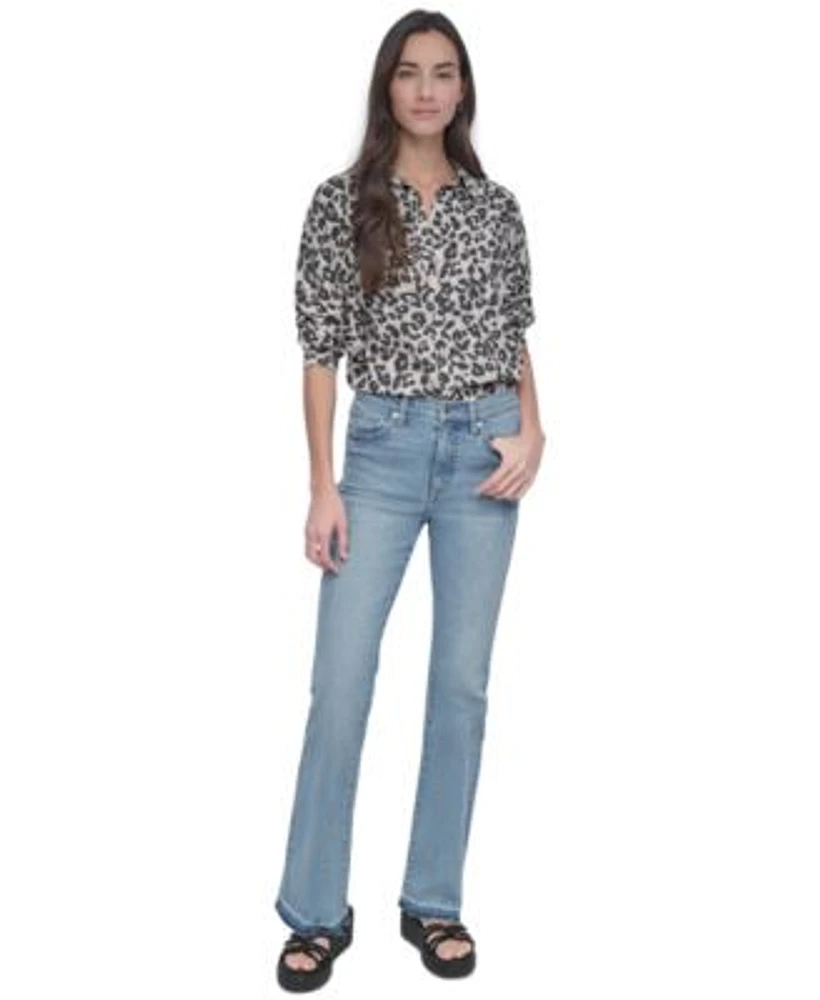 Dkny Jeans Womens Printed Roll Tab Shirt High Rise Released Hem Flare Jeans