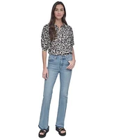 Dkny Jeans Womens Printed Roll Tab Shirt High Rise Released Hem Flare Jeans