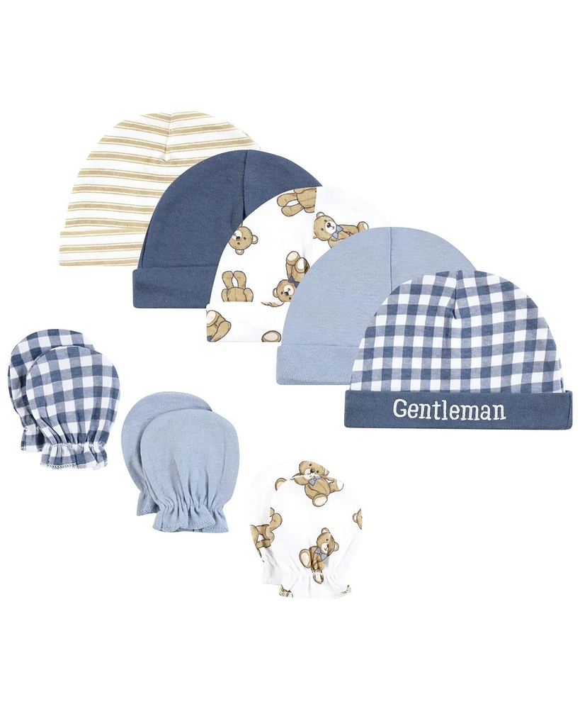 Hudson Baby Baby Boys Hudson Cotton Cap and Scratch Mitten Set, Gentleman Bear, 0-6 Months