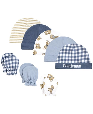 Hudson Baby Baby Boys Hudson Cotton Cap and Scratch Mitten Set, Gentleman Bear, 0-6 Months