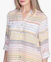 Alfred Dunner Petite Dress Code Button Down Striped Cuffed Sleeve Top