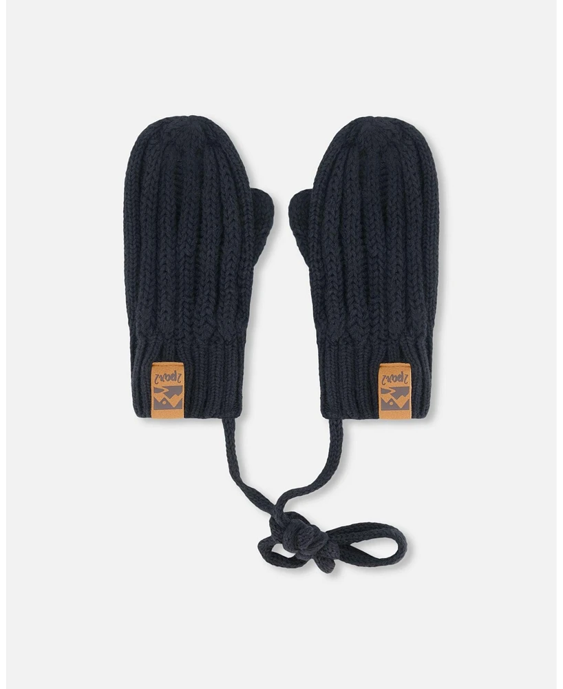 Deux par Baby Unisex Knit Mittens With String Black - Infant