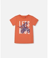 Deux par Toddler Boys Organic Cotton Graphic Tee Orange And Navy Dino - Toddler|Child