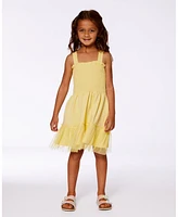 Deux par Toddler Girls Smocked Organic Cotton Dress With Mesh Frill Yellow - Toddler|Child