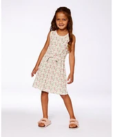 Deux par Big Girls Printed Ribbed Dress With Waist Tie Small Flowers On White Background