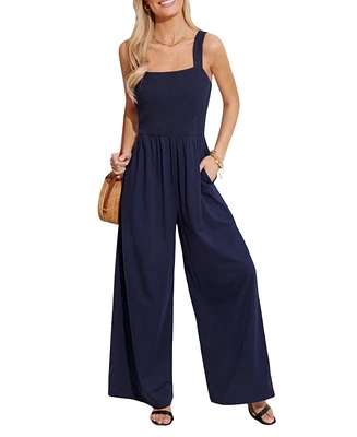 Women's Navy Square Neck Wide Leg Jumpsuit