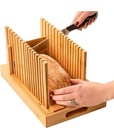 Bread Slicer for Homemade Bread - Adjustable Width Bread Cutter for Cakes, Bagels - Bamboo Bread Cutting Guide and Crumb Tray - (Knife Not Included)