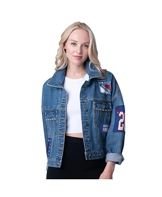 G-iii 4Her by Carl Banks Women's New York Rangers Game Ball Cropped Button-Up Denim Jacket