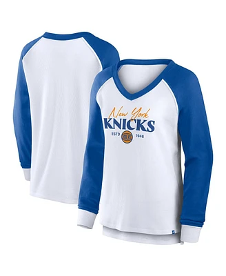 Fanatics Women's White New York Knicks Open Lane Waffle Long Sleeve V-Neck T-Shirt