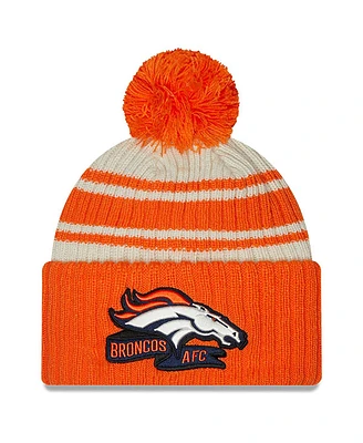 New Era Men's Cream/Orange Denver Broncos 2022 Sideline Sport Cuffed Pom Knit Hat