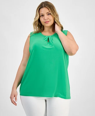 Kasper Plus Sleeveless Pleat-Neck Keyhole Top